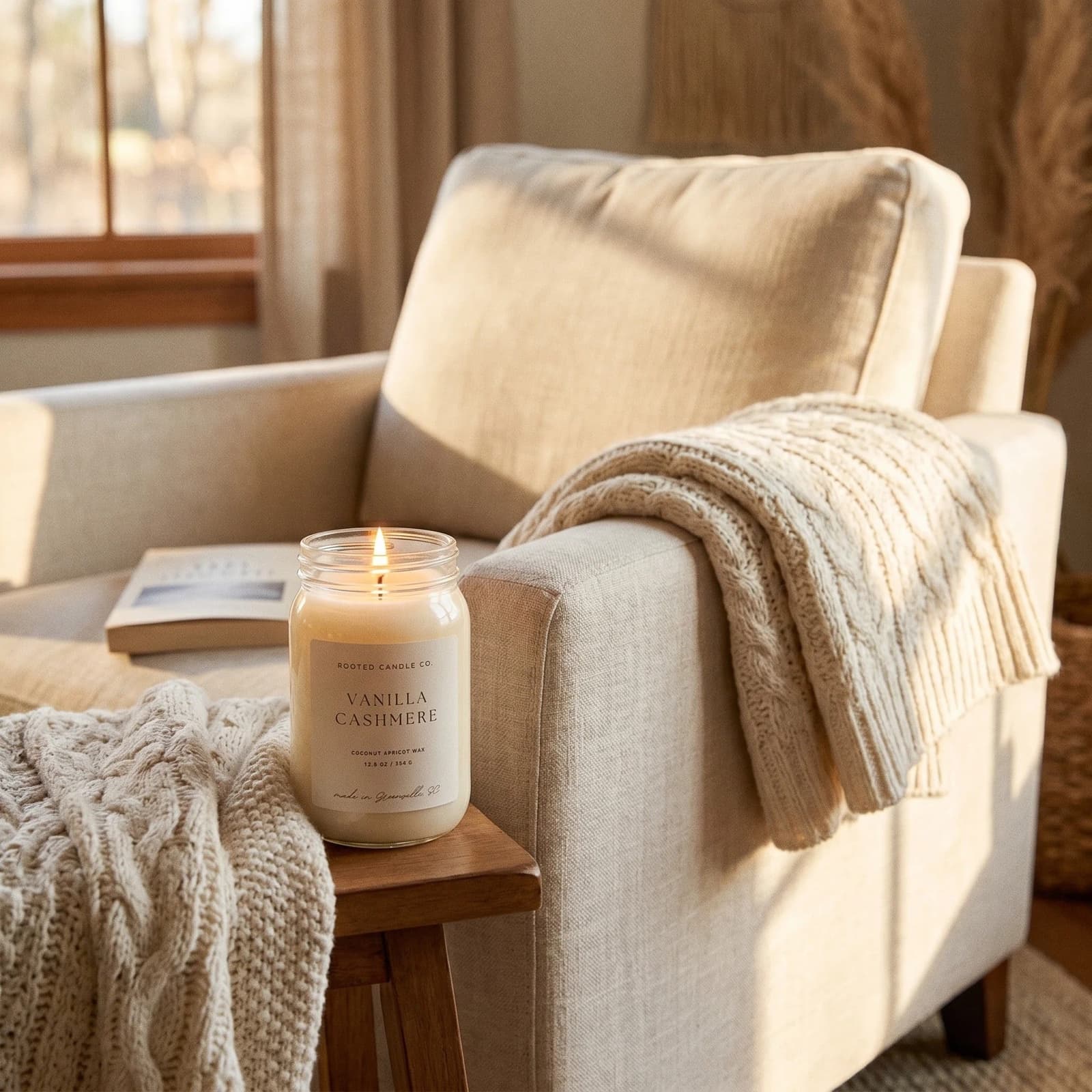A clean-burning coconut apricot wax candle glowing beside a cozy armchair